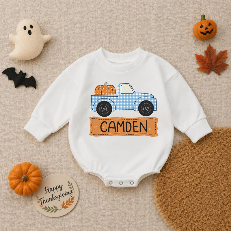 Personalized Baby Boy Romper with Pumpkin Truck Design Custom Name Fall Outfit Soft Cotton Thanksgiving Infant Bodysuit Blue Gingham