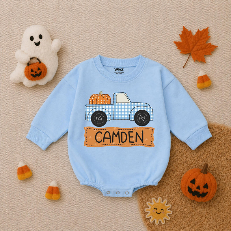 Personalized Baby Boy Romper with Pumpkin Truck Design Custom Name Fall Outfit Soft Cotton Thanksgiving Infant Bodysuit Blue Gingham