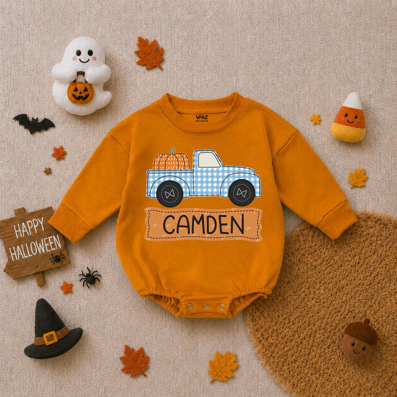 Personalized Baby Boy Romper with Pumpkin Truck Design Custom Name Fall Outfit Soft Cotton Thanksgiving Infant Bodysuit Blue Gingham