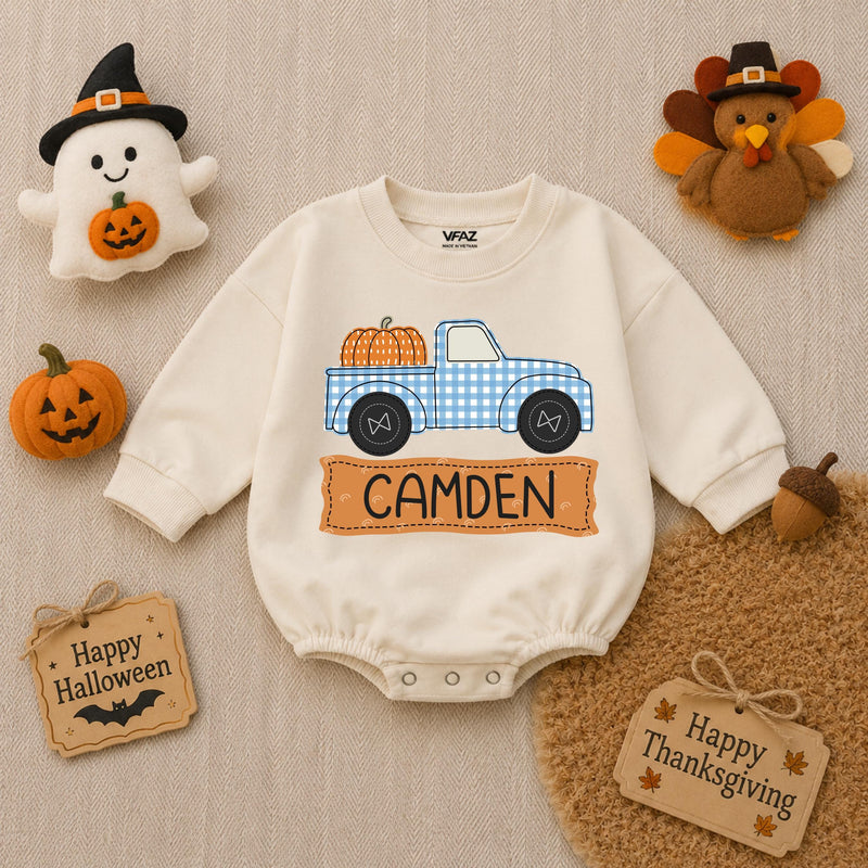 Personalized Baby Boy Romper with Pumpkin Truck Design Custom Name Fall Outfit Soft Cotton Thanksgiving Infant Bodysuit Blue Gingham