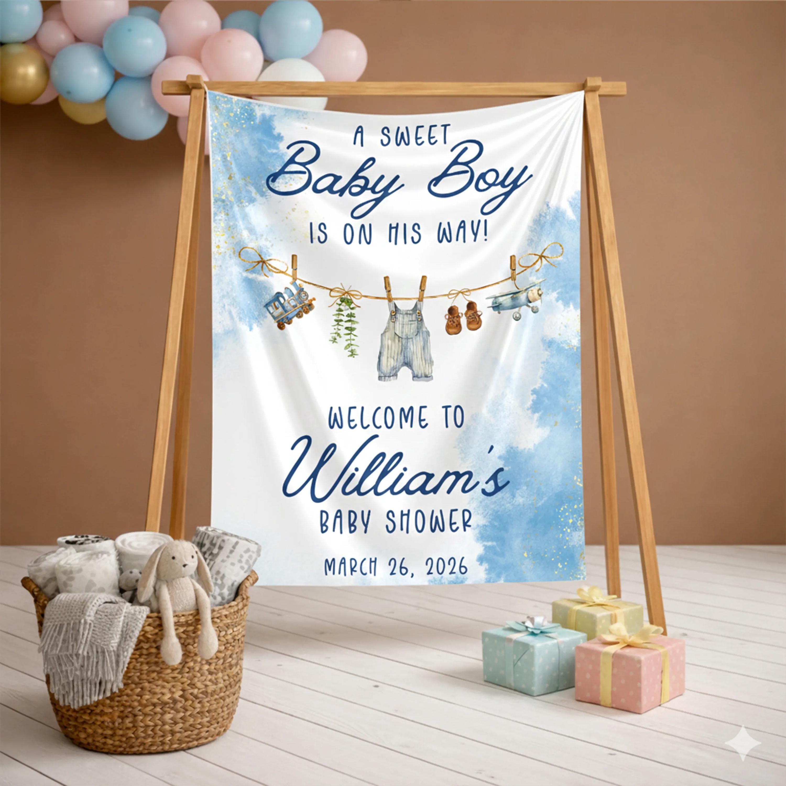Personalized Baby Boy Shower Silk Banner with Blue Watercolor Clouds and Clothesline Design, Custom Welcome or Entrance Party Sign