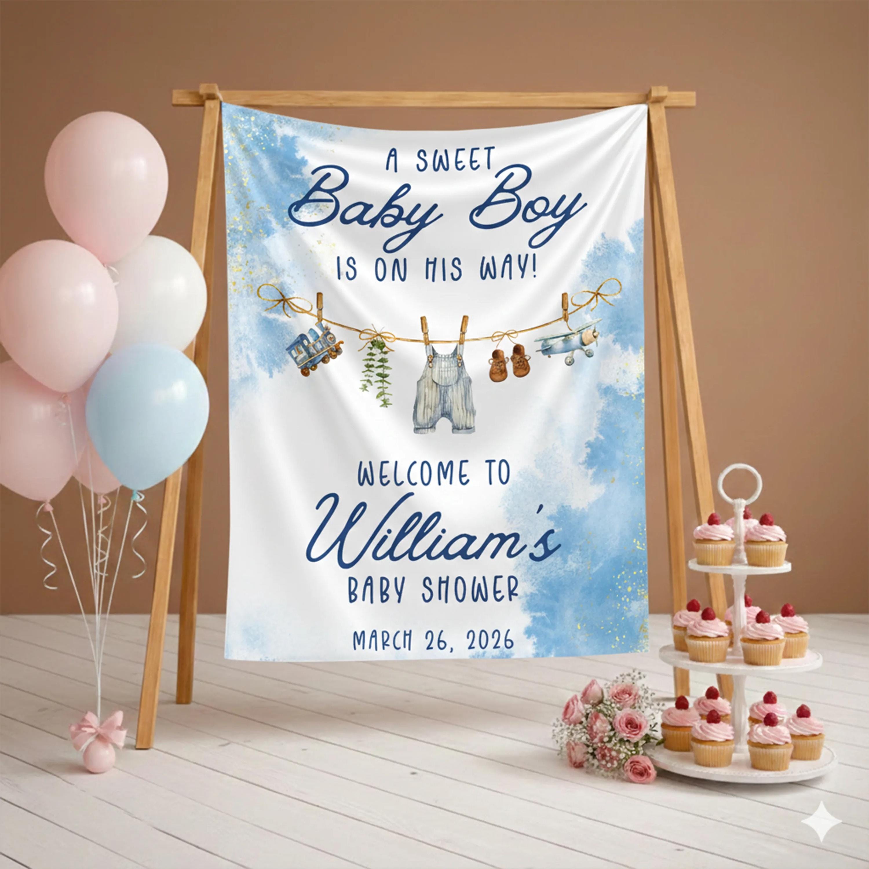Personalized Baby Boy Shower Silk Banner with Blue Watercolor Clouds and Clothesline Design, Custom Welcome or Entrance Party Sign