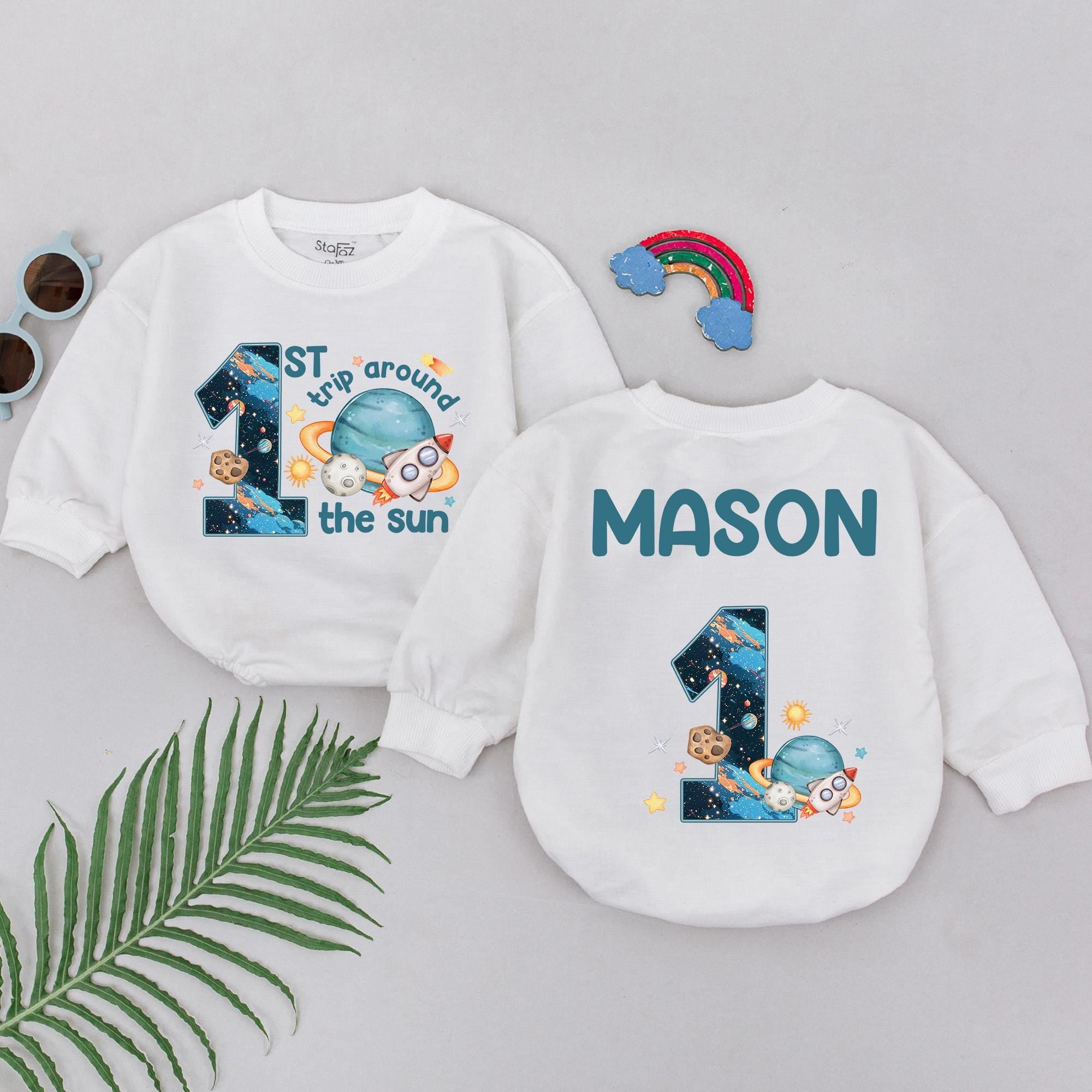 Personalized Baby Boy Space Romper 1st Trip Around the Sun Birthday Outfit Custom Name Astronaut Design Fun Comfortable Gift Idea