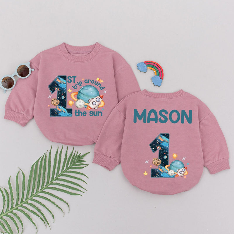 Personalized Baby Boy Space Romper 1st Trip Around the Sun Birthday Outfit Custom Name Astronaut Design Fun Comfortable Gift Idea