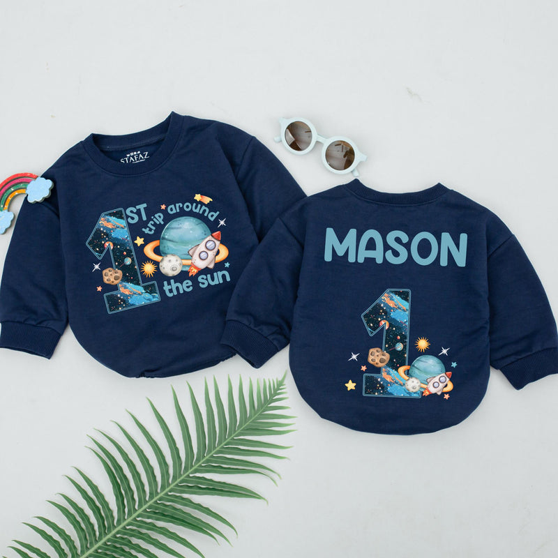 Personalized Baby Boy Space Romper 1st Trip Around the Sun Birthday Outfit Custom Name Astronaut Design Fun Comfortable Gift Idea