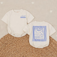 Personalized Baby Boy Summer Romper with Name, Soft Periwinkle Beach Outfit, Custom Hudson Wave Design for Vacation or Playtime