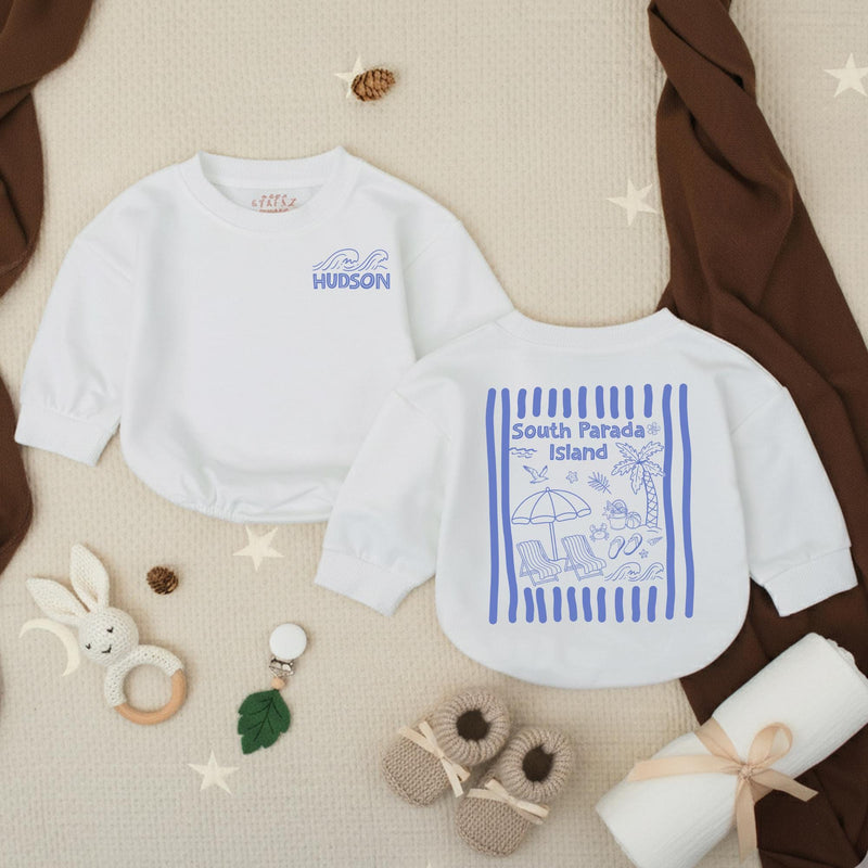 Personalized Baby Boy Summer Romper with Name, Soft Periwinkle Beach Outfit, Custom Hudson Wave Design for Vacation or Playtime