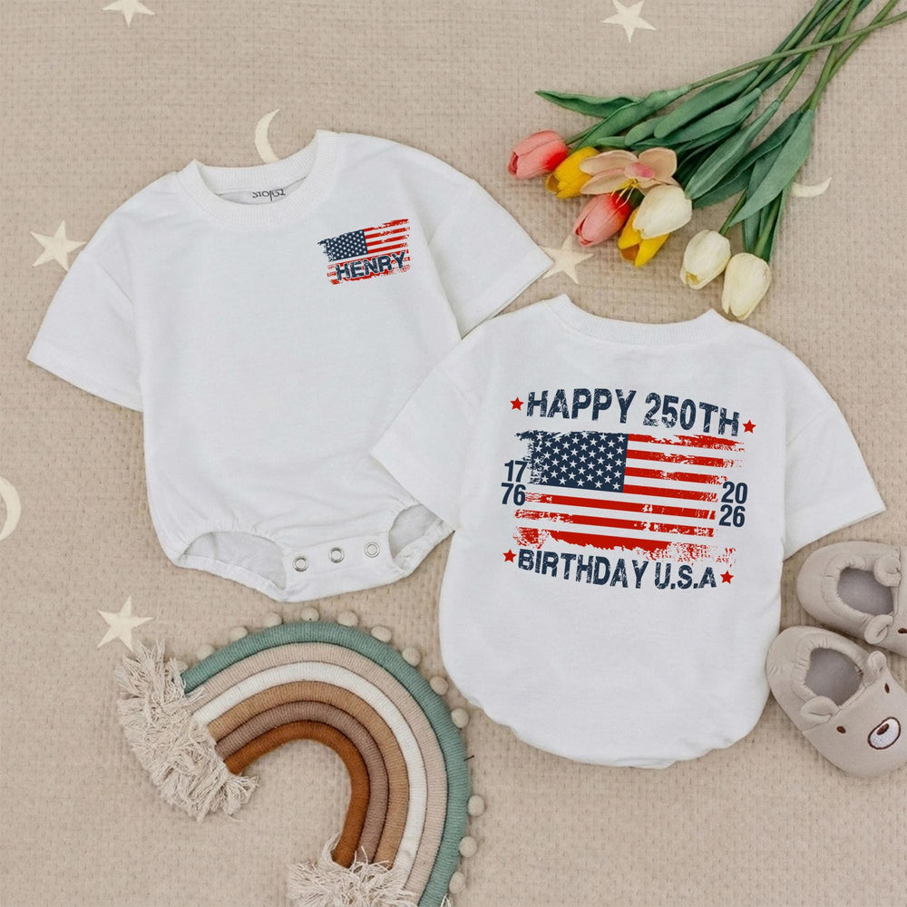 Personalized Baby Bubble Romper with Distressed American Flag, Happy 250th Birthday USA Outfit, Cute Patriotic Gift for Toddlers