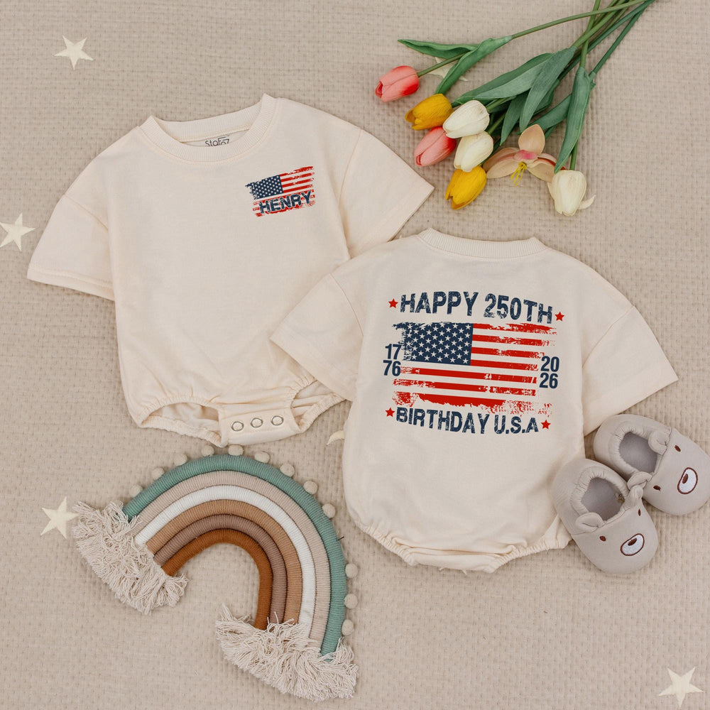 Personalized Baby Bubble Romper with Distressed American Flag, Happy 250th Birthday USA Outfit, Cute Patriotic Gift for Toddlers