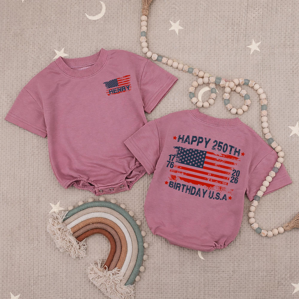Personalized Baby Bubble Romper with Distressed American Flag, Happy 250th Birthday USA Outfit, Cute Patriotic Gift for Toddlers