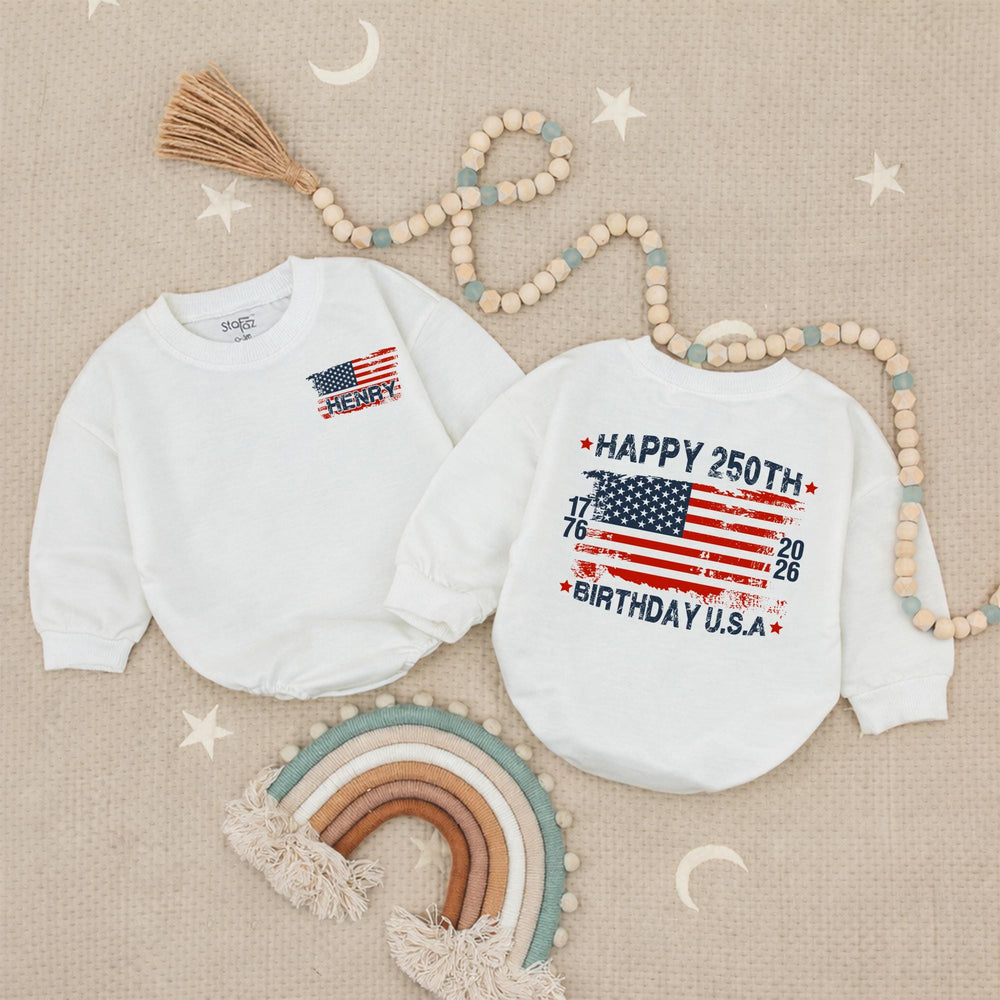Personalized Baby Bubble Romper with Distressed American Flag, Happy 250th Birthday USA Outfit, Cute Patriotic Gift for Toddlers
