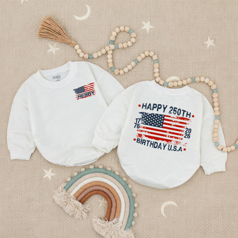 Personalized Baby Bubble Romper with Distressed American Flag, Happy 250th Birthday USA Outfit, Cute Patriotic Gift for Toddlers