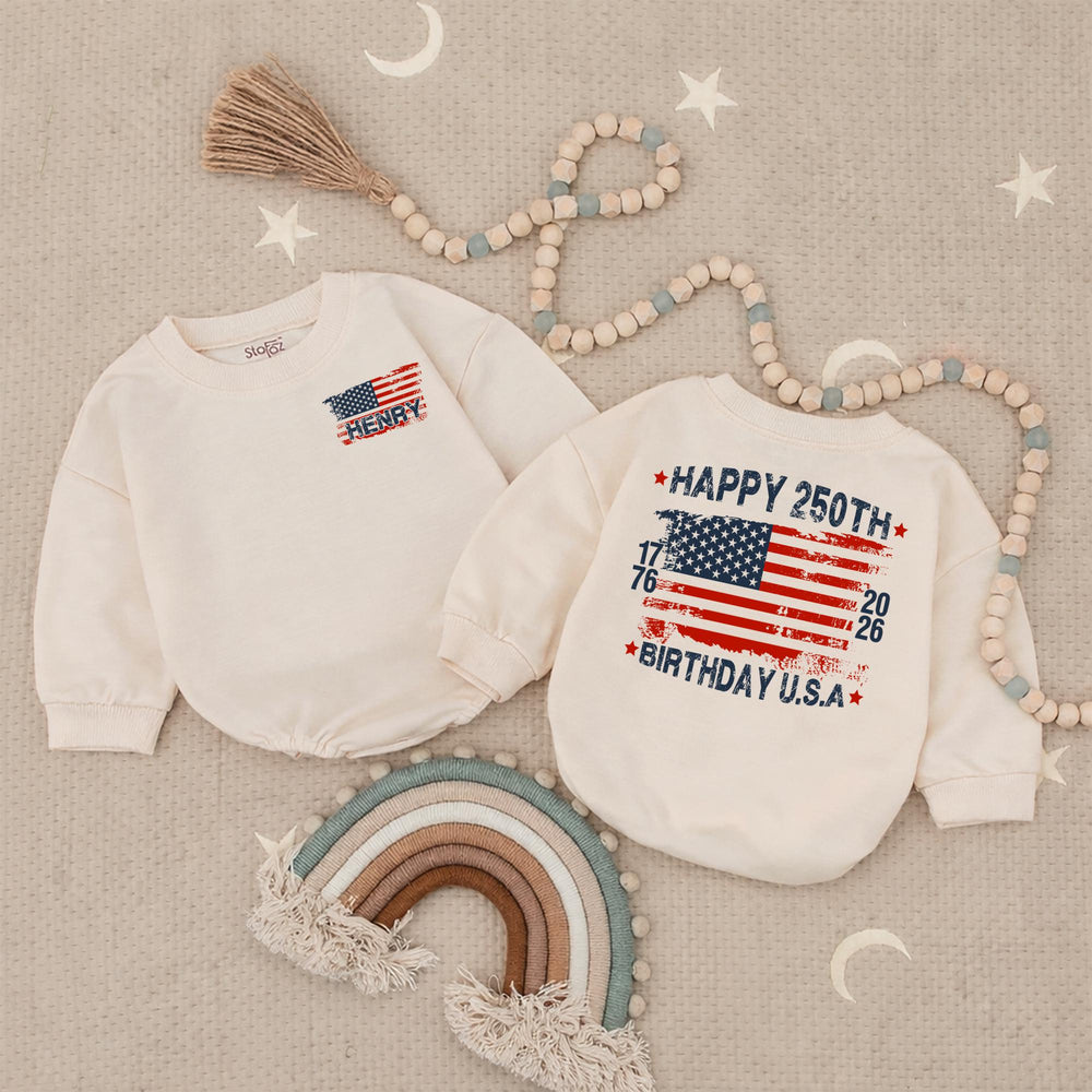 Personalized Baby Bubble Romper with Distressed American Flag, Happy 250th Birthday USA Outfit, Cute Patriotic Gift for Toddlers