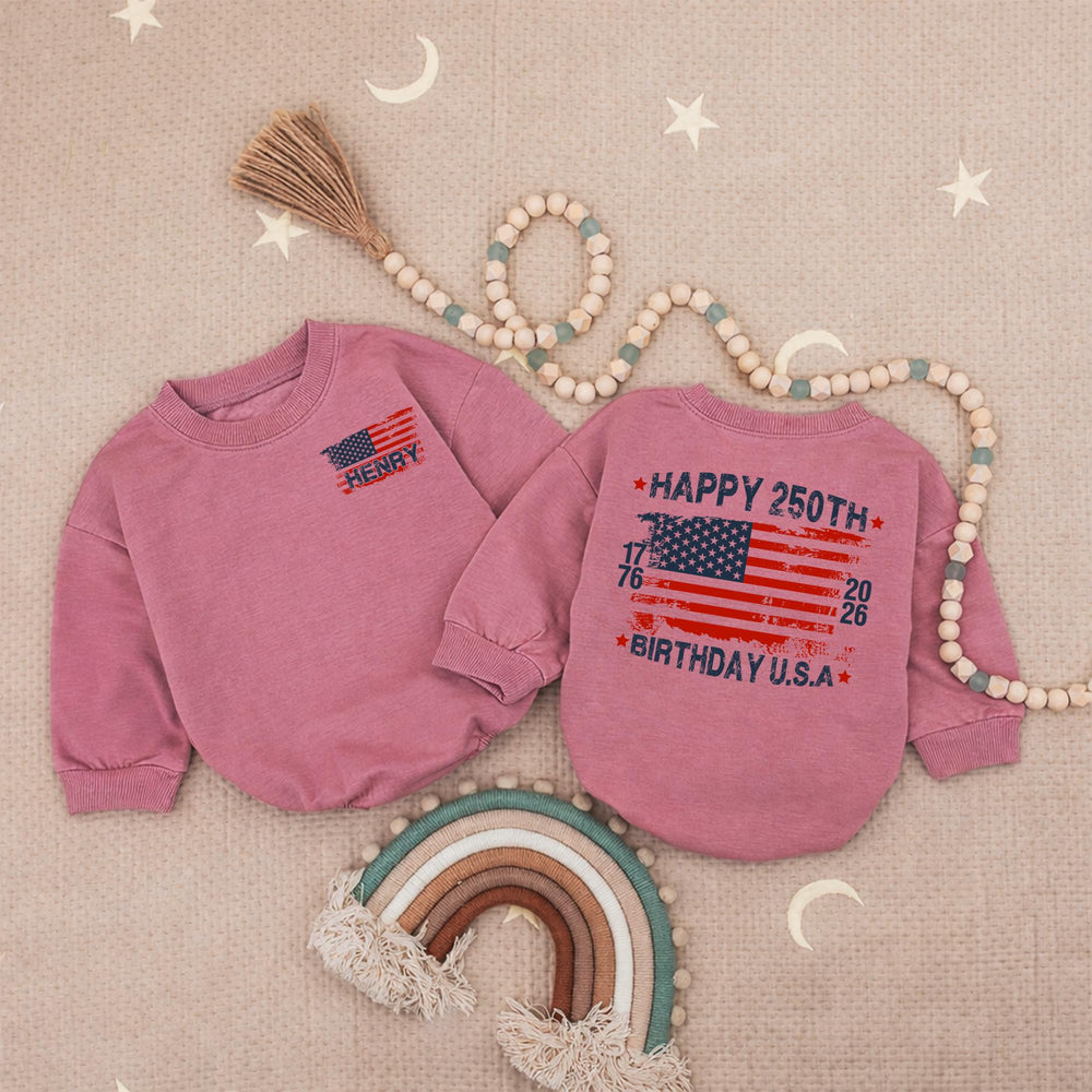 Personalized Baby Bubble Romper with Distressed American Flag, Happy 250th Birthday USA Outfit, Cute Patriotic Gift for Toddlers