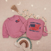Personalized Baby Bubble Romper with Distressed American Flag, Happy 250th Birthday USA Outfit, Cute Patriotic Gift for Toddlers