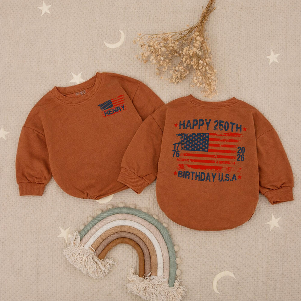 Personalized Baby Bubble Romper with Distressed American Flag, Happy 250th Birthday USA Outfit, Cute Patriotic Gift for Toddlers