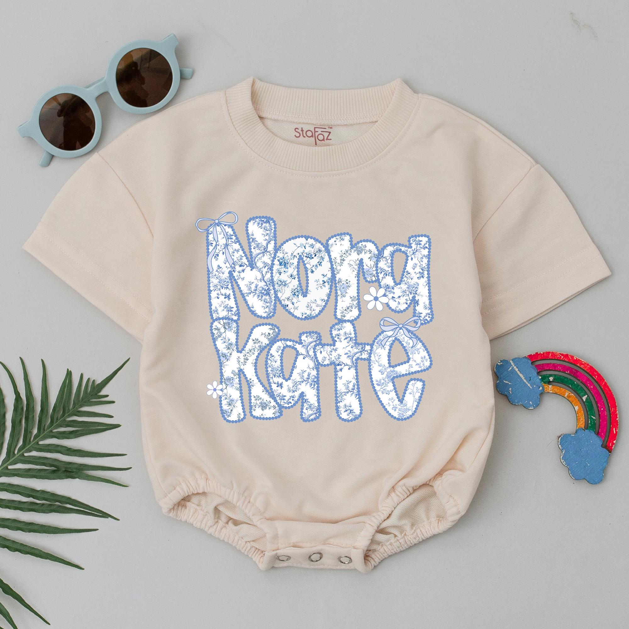 Personalized Baby Bubble Romper with Nora Kate Name Blue Chinoiserie Floral Outfit Custom Birthday Clothes Soft Cotton Baby Shower Gift