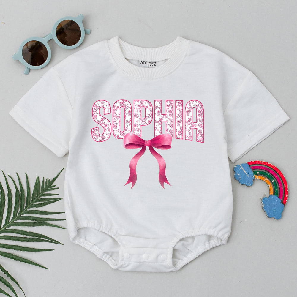 Personalized Baby Bubble Romper with Pink Bow Cute Girl Outfit Custom Name Birthday Clothes Soft Cotton Infant Gift for Baby Shower