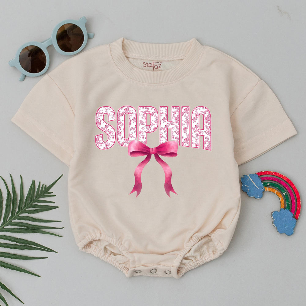 Personalized Baby Bubble Romper with Pink Bow Cute Girl Outfit Custom Name Birthday Clothes Soft Cotton Infant Gift for Baby Shower