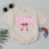 Personalized Baby Bubble Romper with Pink Bow Cute Girl Outfit Custom Name Birthday Clothes Soft Cotton Infant Gift for Baby Shower