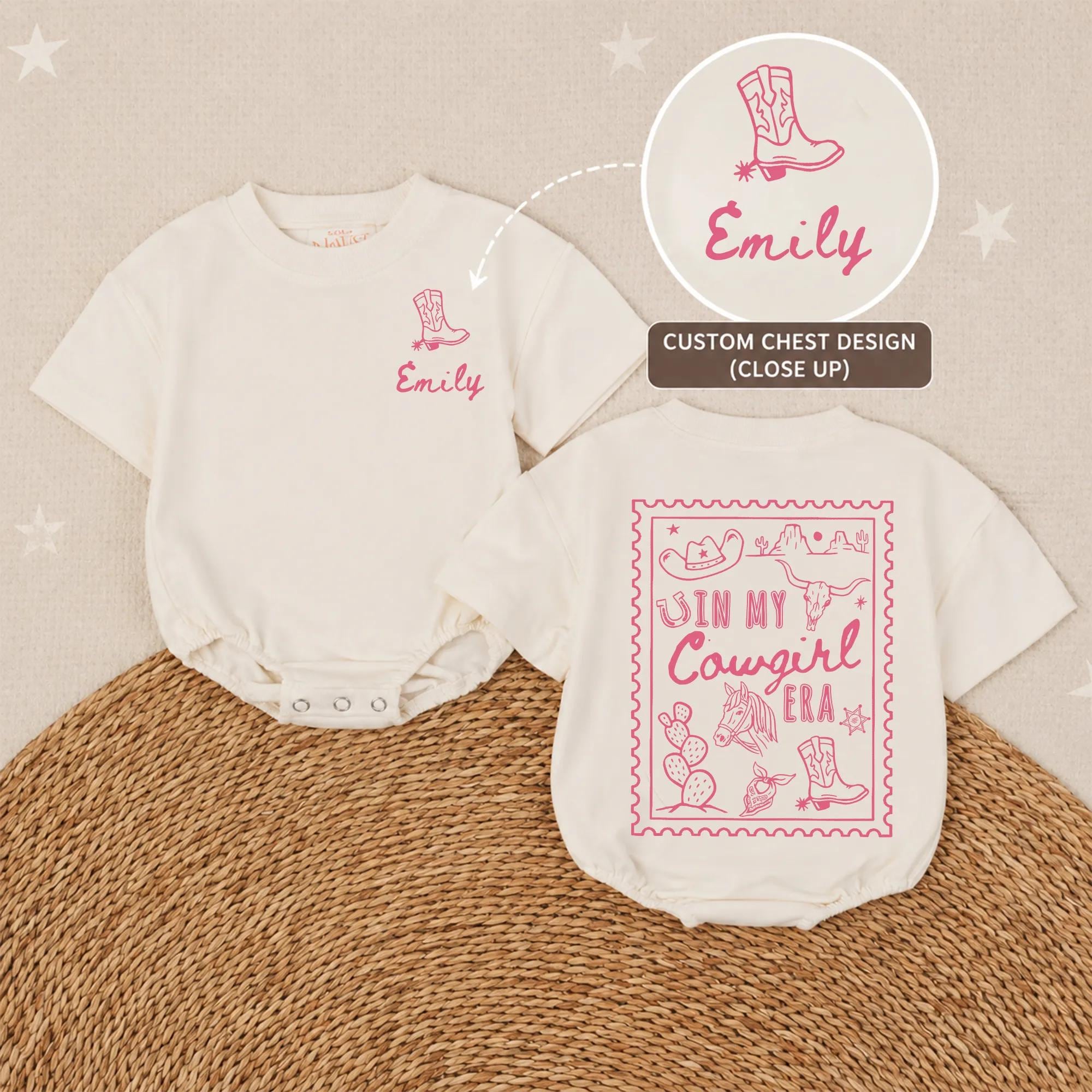 Personalized Baby Bubble Romper with Pink Cowboy Boot Western Design, Custom Name Infant Girl Outfit Soft Cotton Birthday Gift