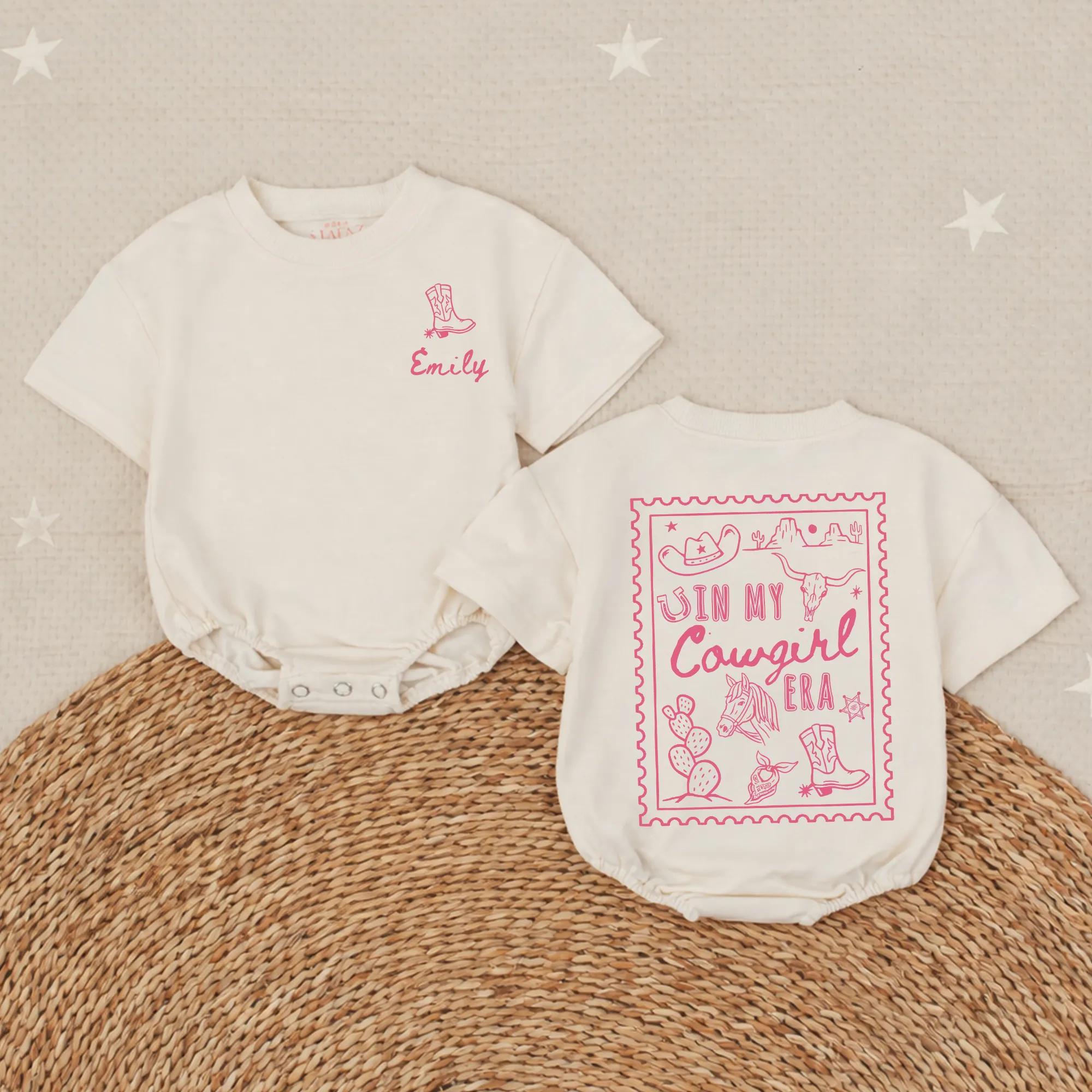 Personalized Baby Bubble Romper with Pink Cowboy Boot Western Design, Custom Name Infant Girl Outfit Soft Cotton Birthday Gift