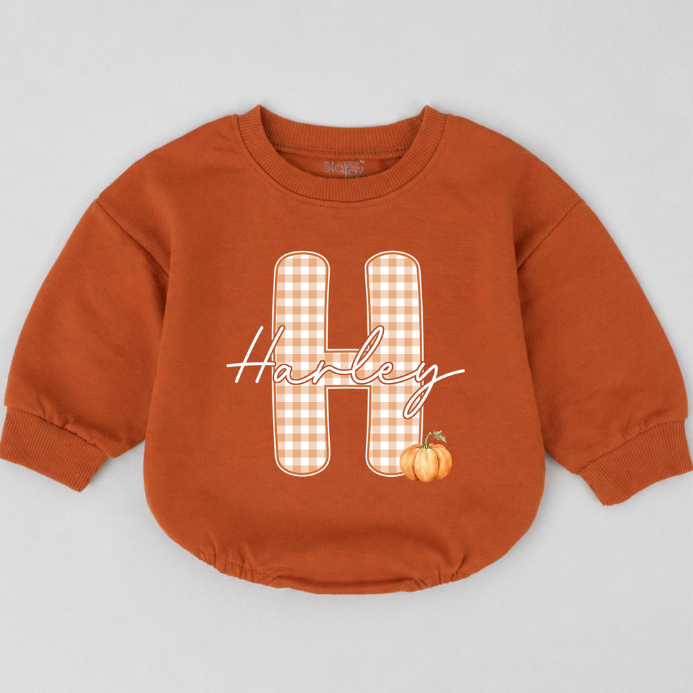 Personalized Baby Bubble Romper with Pumpkin and Gingham Initial, Custom Harley Name Outfit for Fall Holiday, Toddler Birthday Gift