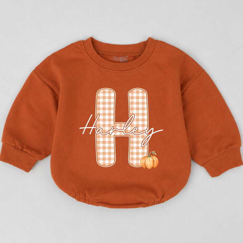 Personalized Baby Bubble Romper with Pumpkin and Gingham Initial, Custom Harley Name Outfit for Fall Holiday, Toddler Birthday Gift