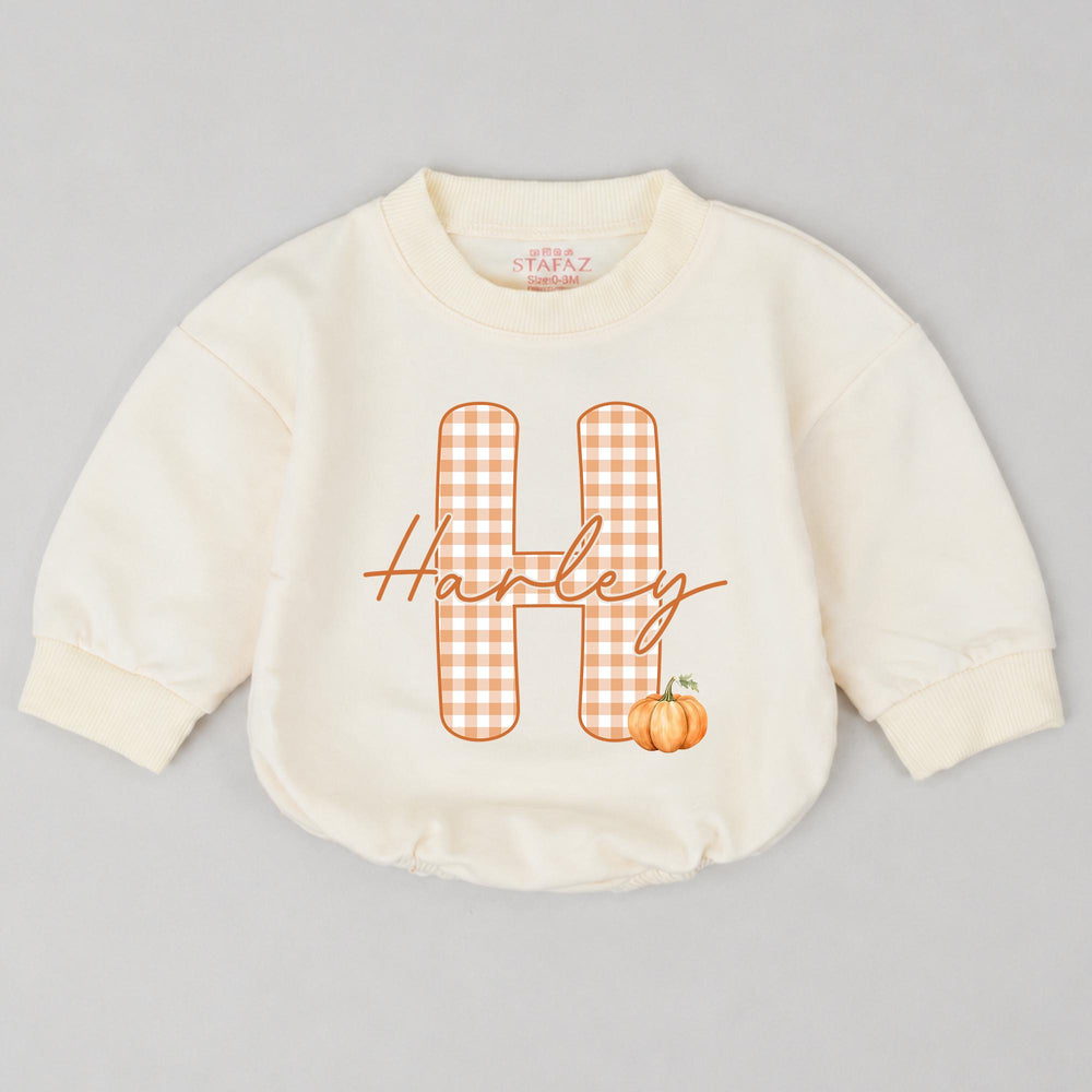 Personalized Baby Bubble Romper with Pumpkin and Gingham Initial, Custom Harley Name Outfit for Fall Holiday, Toddler Birthday Gift