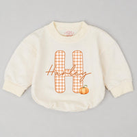 Personalized Baby Bubble Romper with Pumpkin and Gingham Initial, Custom Harley Name Outfit for Fall Holiday, Toddler Birthday Gift