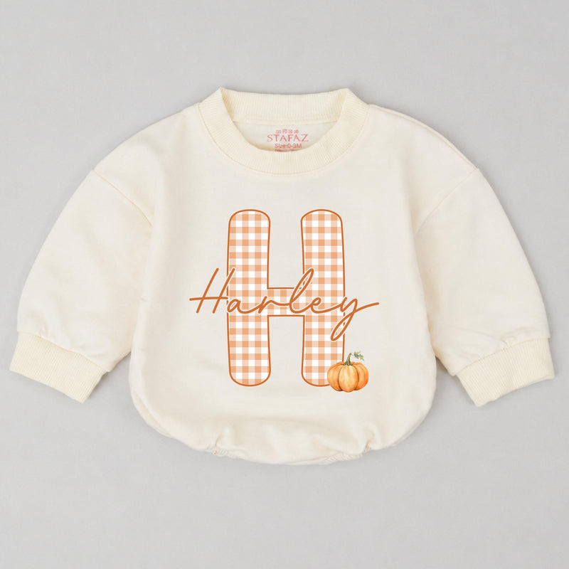 Personalized Baby Bubble Romper with Pumpkin and Gingham Initial, Custom Harley Name Outfit for Fall Holiday, Toddler Birthday Gift