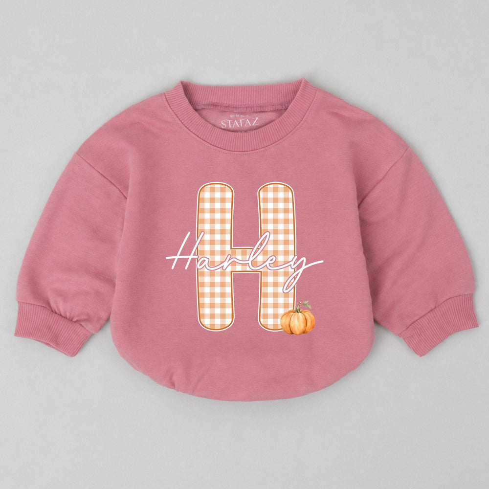 Personalized Baby Bubble Romper with Pumpkin and Gingham Initial, Custom Harley Name Outfit for Fall Holiday, Toddler Birthday Gift
