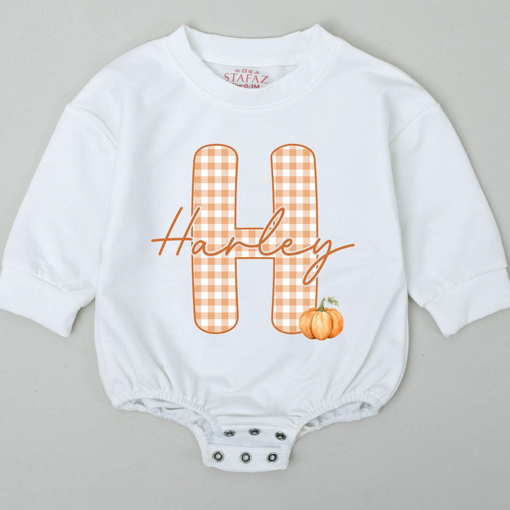 Personalized Baby Bubble Romper with Pumpkin and Gingham Initial, Custom Harley Name Outfit for Fall Holiday, Toddler Birthday Gift