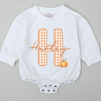 Personalized Baby Bubble Romper with Pumpkin and Gingham Initial, Custom Harley Name Outfit for Fall Holiday, Toddler Birthday Gift