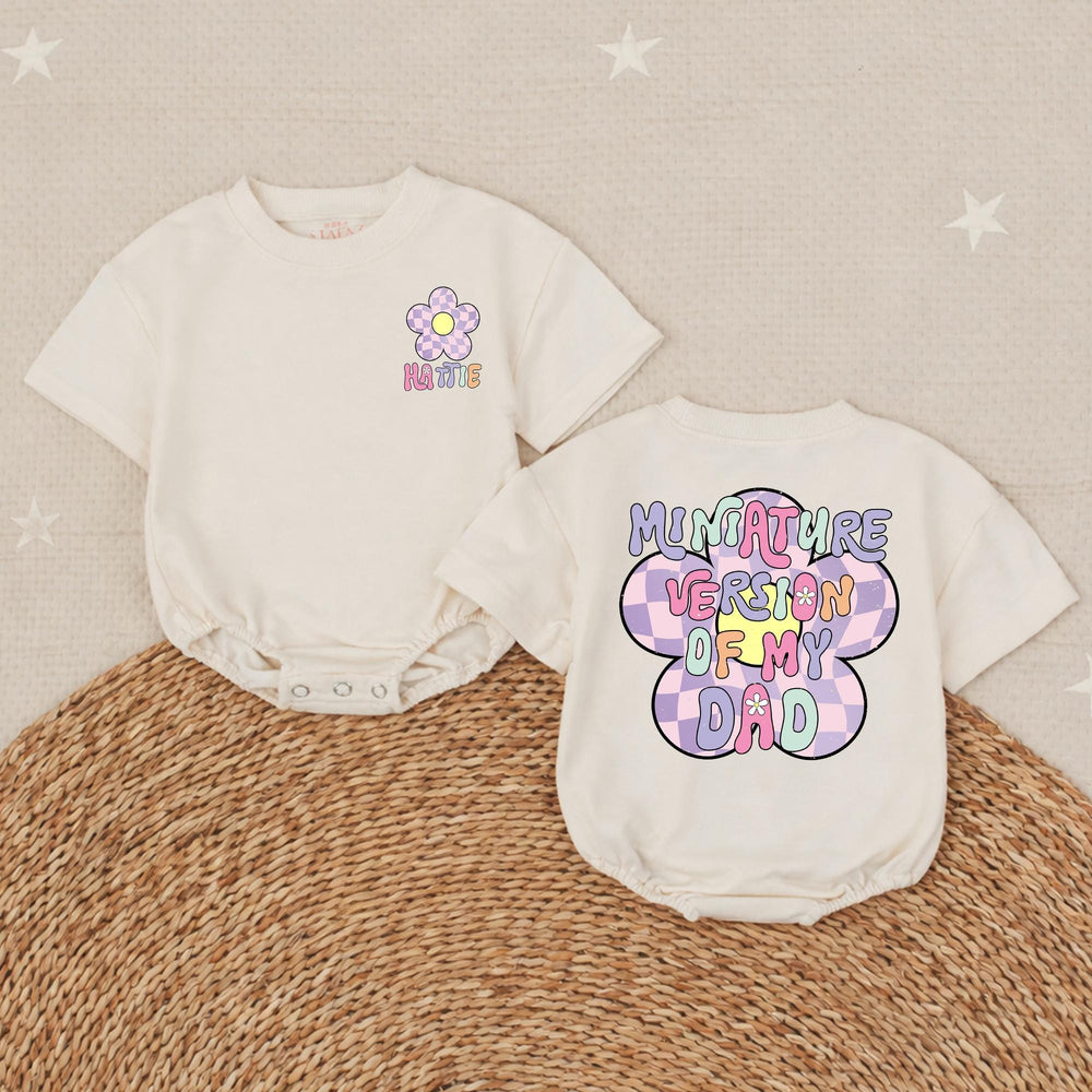 Personalized Baby Bubble Romper with Retro Flower Design Custom Name Toddler Girl Outfit Soft Pastel Colors Fun 70s-Inspired Birthday Gift