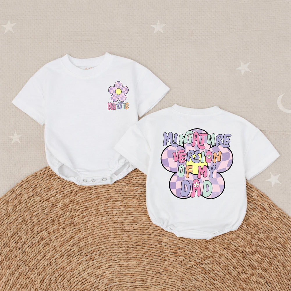 Personalized Baby Bubble Romper with Retro Flower Design Custom Name Toddler Girl Outfit Soft Pastel Colors Fun 70s-Inspired Birthday Gift