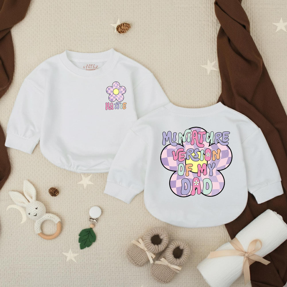 Personalized Baby Bubble Romper with Retro Flower Design Custom Name Toddler Girl Outfit Soft Pastel Colors Fun 70s-Inspired Birthday Gift
