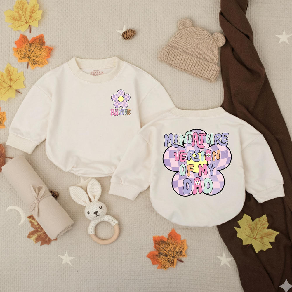 Personalized Baby Bubble Romper with Retro Flower Design Custom Name Toddler Girl Outfit Soft Pastel Colors Fun 70s-Inspired Birthday Gift