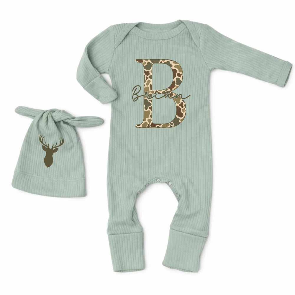 Personalized Baby Camouflage Monogram Outfit with Deer Hat Custom Name Newborn Coming Home Clothes Hunting Gift for Boys and Girls