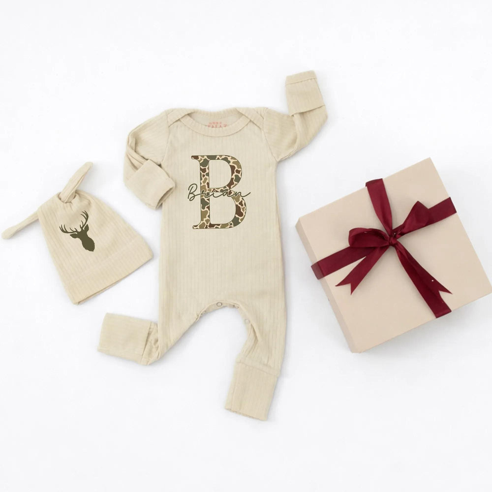 Personalized Baby Camouflage Monogram Outfit with Deer Hat Custom Name Newborn Coming Home Clothes Hunting Gift for Boys and Girls
