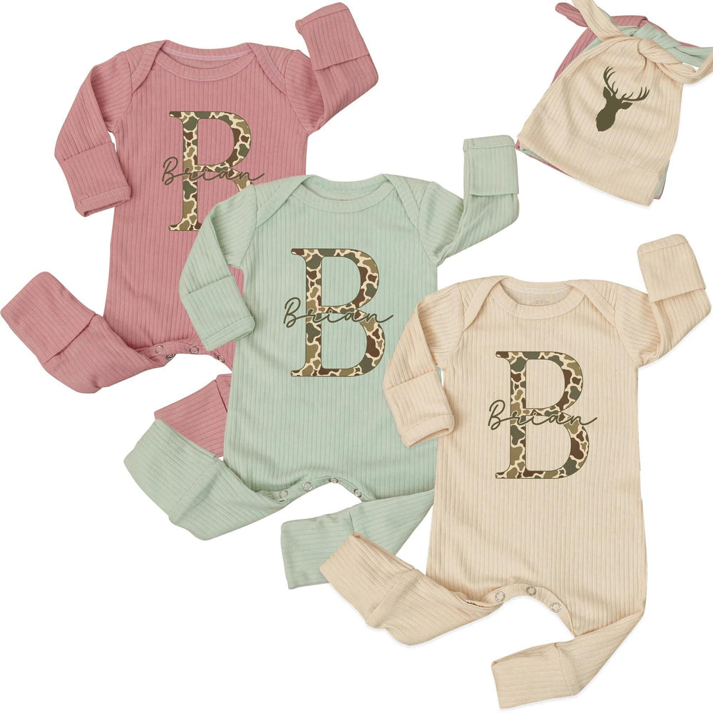 Personalized Baby Camouflage Monogram Outfit with Deer Hat Custom Name Newborn Coming Home Clothes Hunting Gift for Boys and Girls
