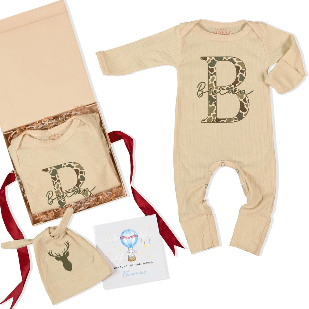 Personalized Baby Camouflage Monogram Outfit with Deer Hat Custom Name Newborn Coming Home Clothes Hunting Gift for Boys and Girls