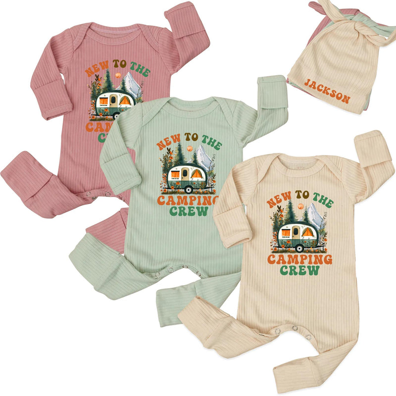 Personalized Baby Camping Bodysuit Outfit with Custom Hat, Newborn Coming Home Set, Soft Cotton Ribbed Fabric, Perfect for Outdoor Adventures
