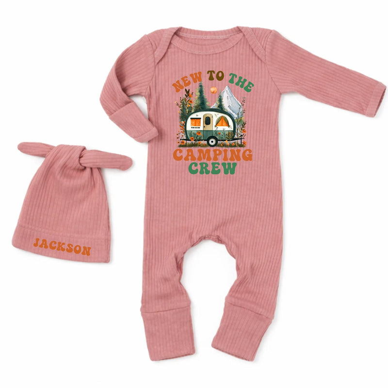 Personalized Baby Camping Bodysuit Outfit with Custom Hat, Newborn Coming Home Set, Soft Cotton Ribbed Fabric, Perfect for Outdoor Adventures