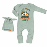 Personalized Baby Camping Bodysuit Outfit with Custom Hat, Newborn Coming Home Set, Soft Cotton Ribbed Fabric, Perfect for Outdoor Adventures