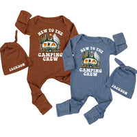 Personalized Baby Camping Bodysuit Outfit with Custom Hat, Newborn Coming Home Set, Soft Cotton Ribbed Fabric, Perfect for Outdoor Adventures