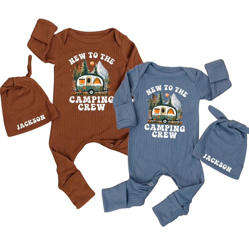 Personalized Baby Camping Bodysuit Outfit with Custom Hat, Newborn Coming Home Set, Soft Cotton Ribbed Fabric, Perfect for Outdoor Adventures
