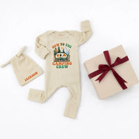 Personalized Baby Camping Bodysuit Outfit with Custom Hat, Newborn Coming Home Set, Soft Cotton Ribbed Fabric, Perfect for Outdoor Adventures