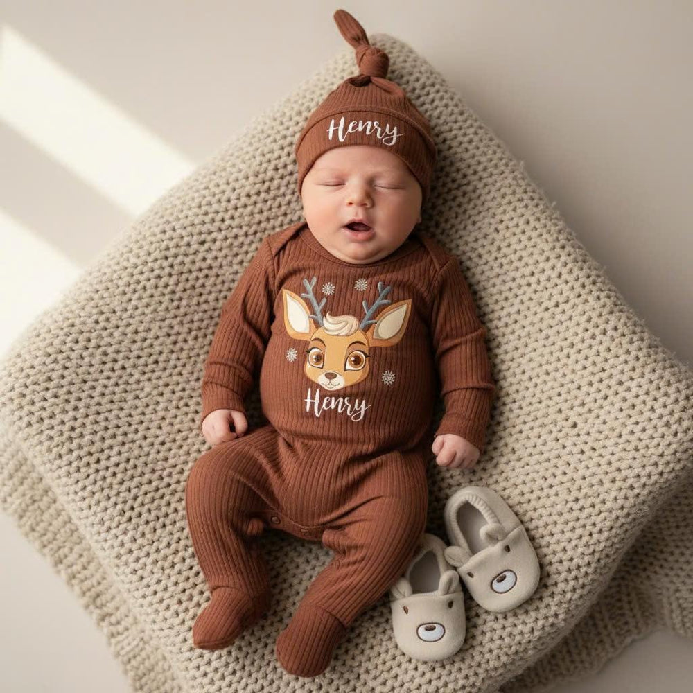Personalized Baby Christmas Bodysuit with Cute Reindeer Design and Name, Soft Cotton Outfit for Infant Holiday Celebrations or Gifts