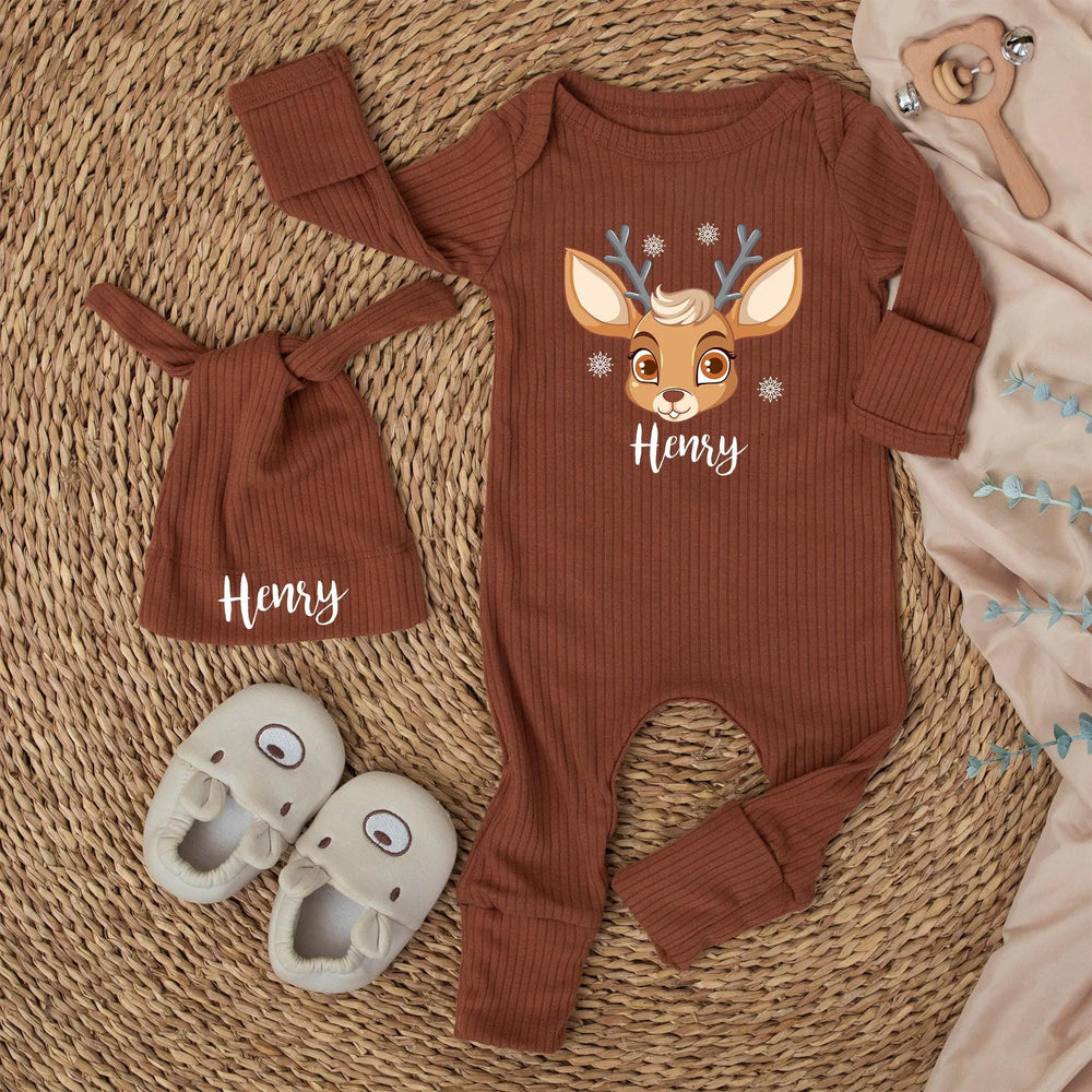 Personalized Baby Christmas Bodysuit with Cute Reindeer Design and Name, Soft Cotton Outfit for Infant Holiday Celebrations or Gifts